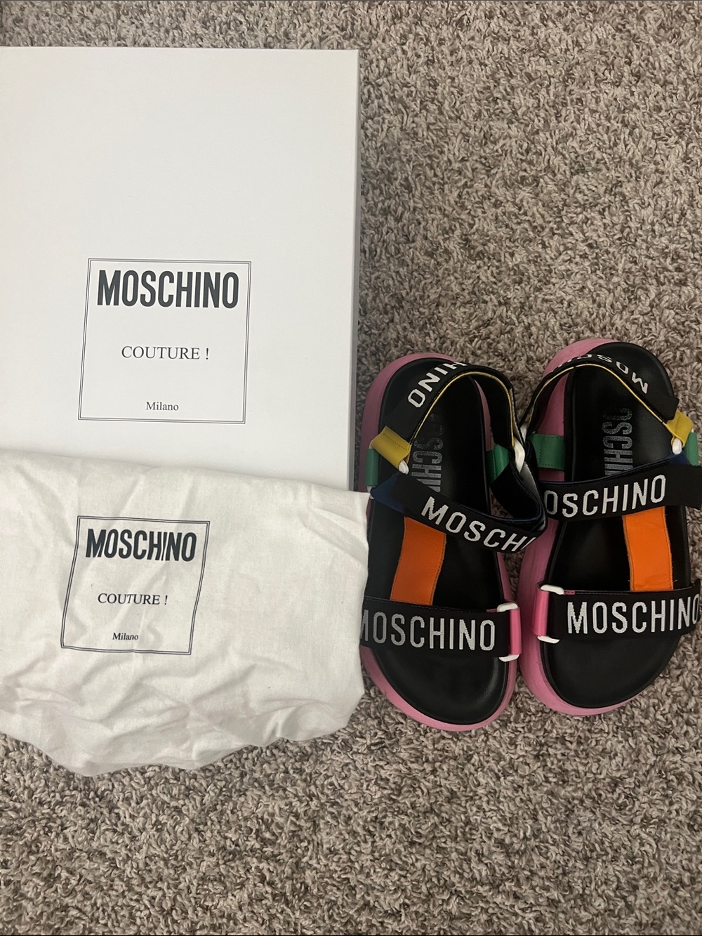 Moschino Women’s Black Sandals with Pink Soles and Color Accents